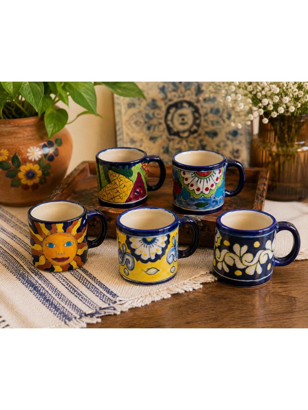 Vintage Set of 5 Hand Painted Mexican Pottery Mugs Talavera Style Folk Art Mugs